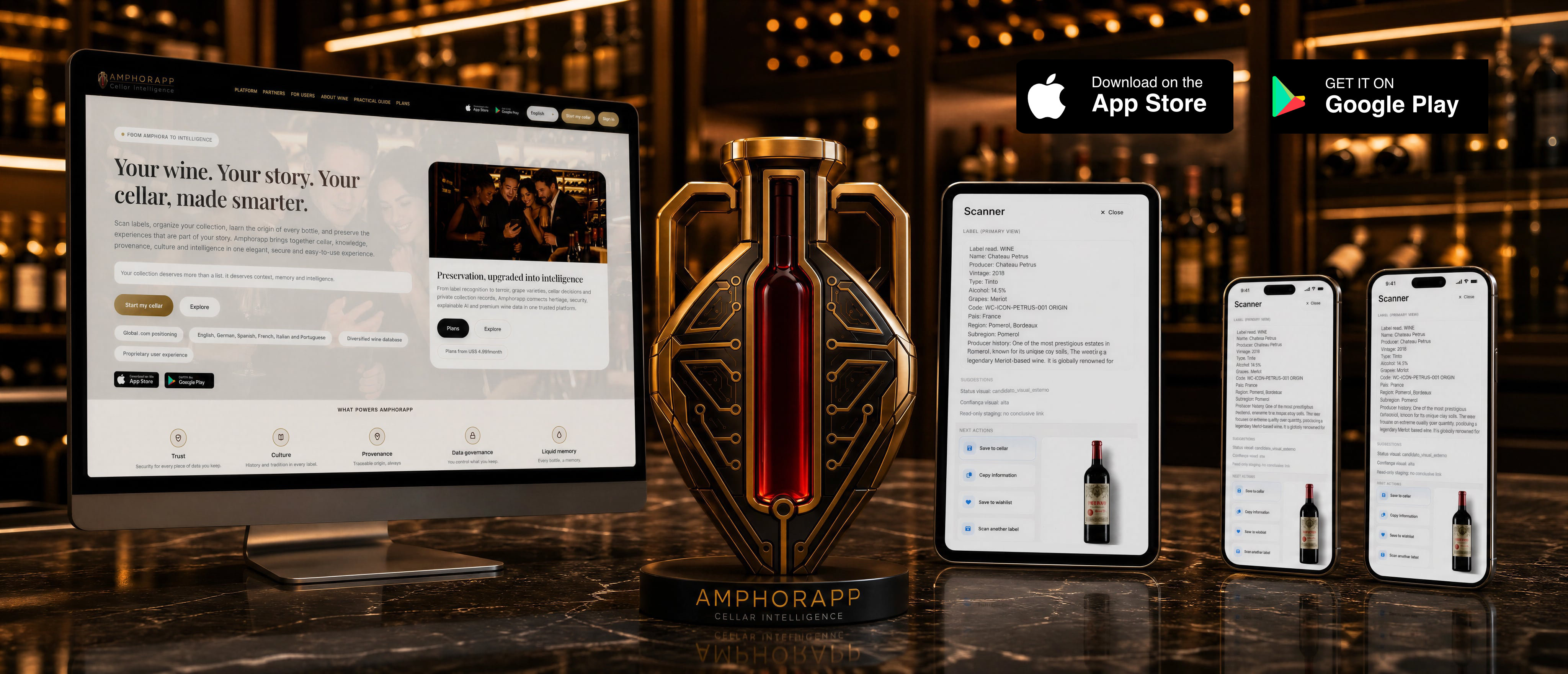 Amphorapp Cellar Intelligence auf Desktop, Tablet und Handys in einem Weinkeller